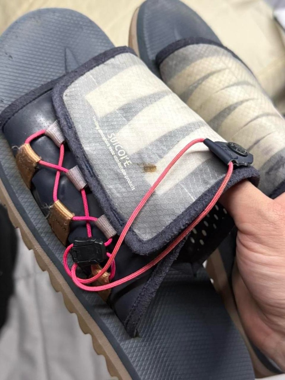 Suicoke Gray Slide Sandals with Pink Cord Accents